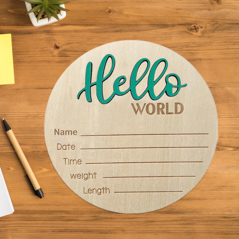 LZEDIRA Baby Announcement Sign - 5.9 Inch Wooden Hello World Newborn Welcome Plaque, Birth Announcement for Hospital, Newborn Name Sign for Photo Props, Baby Shower, Nursery (Green) - Image 4